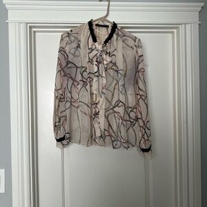 Zara Cream and Black Graphic Blouse with Peter Pan Collar